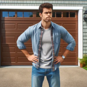 Dallas, TX Garage Door Repair Tips: How to Fix a Door That Won't Open or Close 1 DALL·E 2024 06 02 09.02.48 A frustrated man standing in front of a garage door that wont budge. He is wearing casual clothes and has his hands on his hips looking exasperated